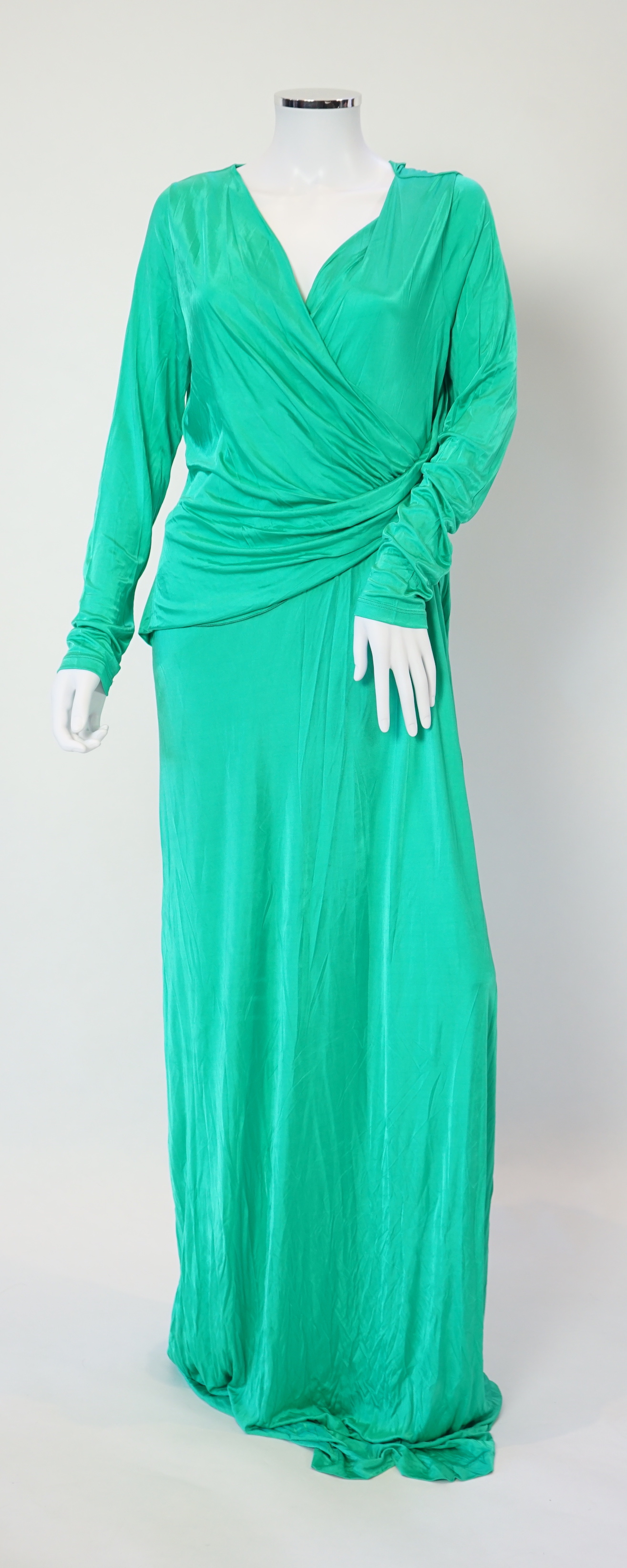 A Versace Collection green long dress and gold and yellow biker style jacket, dress size 52 and jacket size Medium